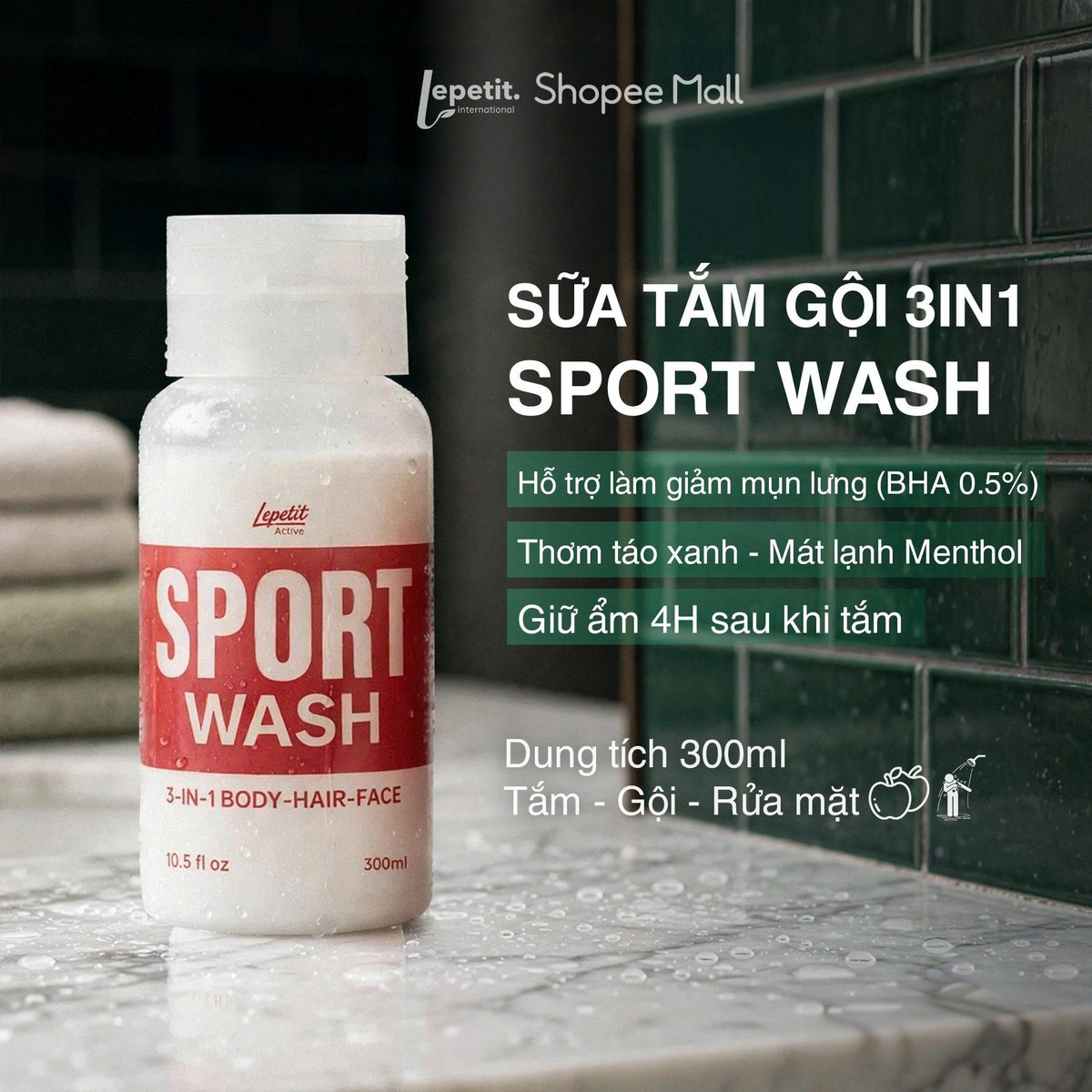 Hỗ trợ giảm mụn lưng BHA 0.5%, thơm táo xanh, giữ ẩm 4H